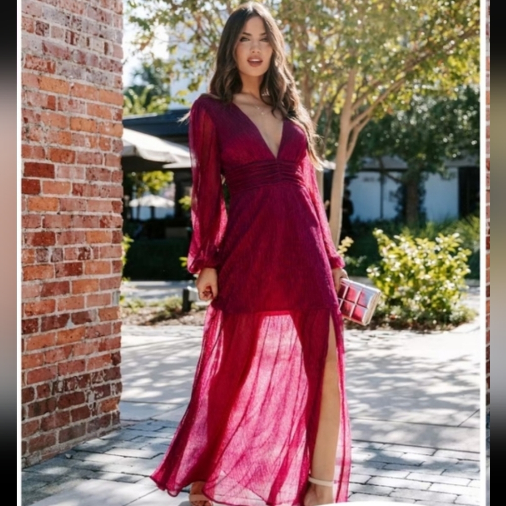 NWOT Deep V Gown Wine/Redish pink Sheer balloon Sleeve